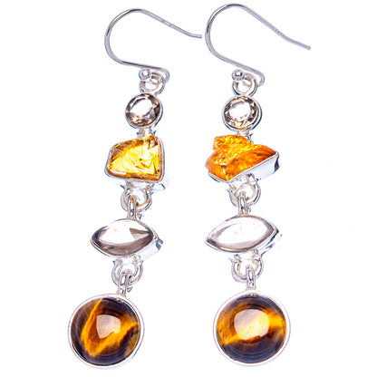 Premium Tiger Eye, Citrine, Smoky Quartz Earrings 2 1/4" (925 Sterling Silver) E1249