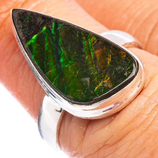 Sterling silver ammolite ring with green teardrop stone, bezel setting