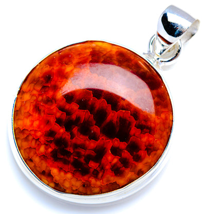 Round orange agate cabochon sterling silver pendant with polished bail