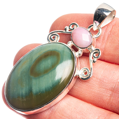 Sterling silver pendant with oval green jasper stone and round pink opal accents