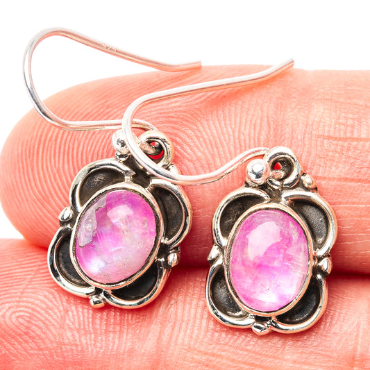 Pink oval moonstone drop earrings, .925 sterling silver, black frame with ornate silver flowers