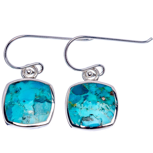 Turquoise stone drop earrings with square bezel and fishhook .925 sterling silver