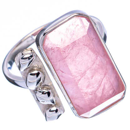 Rose quartz sterling silver ring, rectangular bezel pink stone with sculpted silver accents