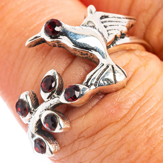 Sterling silver hummingbird dainty ring with red garnet stones, size 8