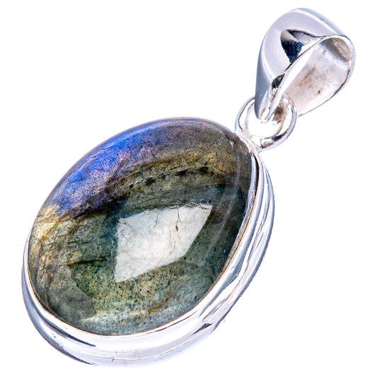 Oval labradorite pendant in .925 sterling silver with mixed blue-green stone, side view