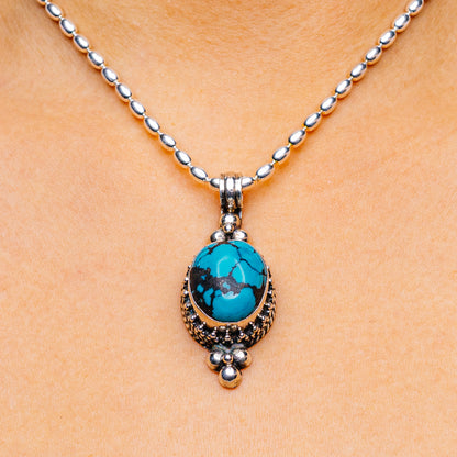 Tibetan Made Vintage Turquoise Pendant 1 7/8" (.925 Sterling Silver)