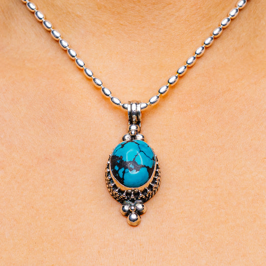 Tibetan Made Vintage Turquoise Pendant 1 7/8" (.925 Sterling Silver)