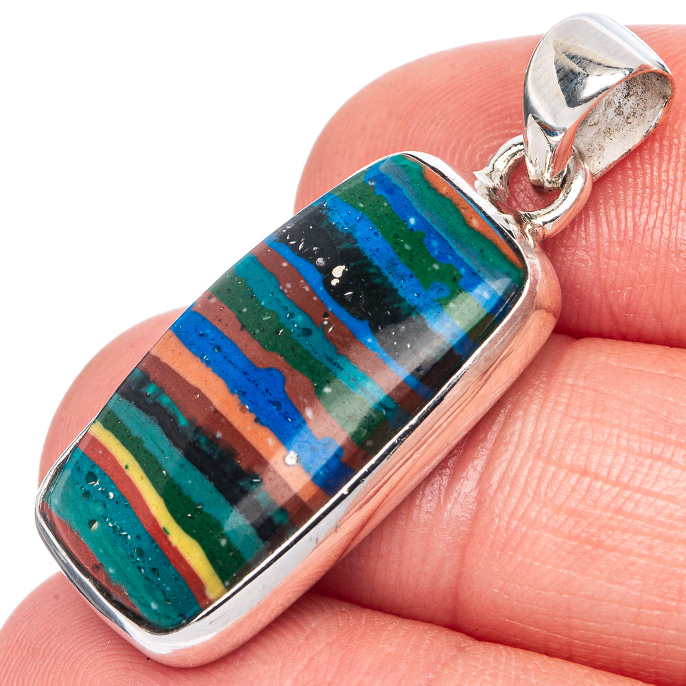 Sterling silver rainbow calsilica pendant closeup with striped rectangular stone