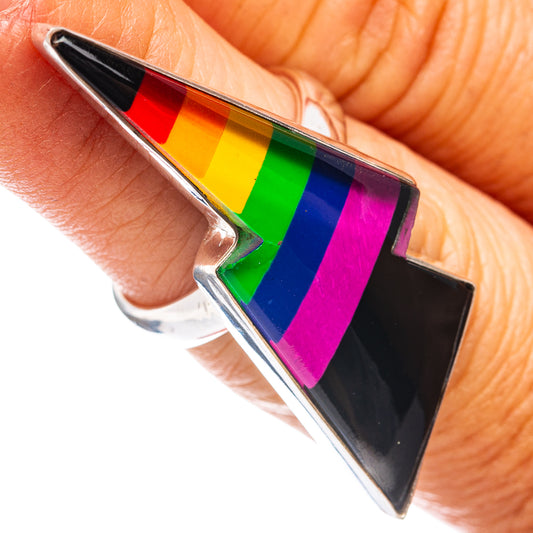 Rainbow bolt ring with colorful stripes, .925 sterling silver band