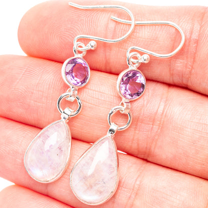 Sterling silver amethyst and moonstone drop earrings with round purple stones and opal teardrops
