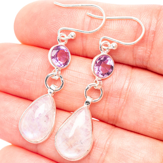 Sterling silver amethyst and moonstone drop earrings with round purple stones and opal teardrops