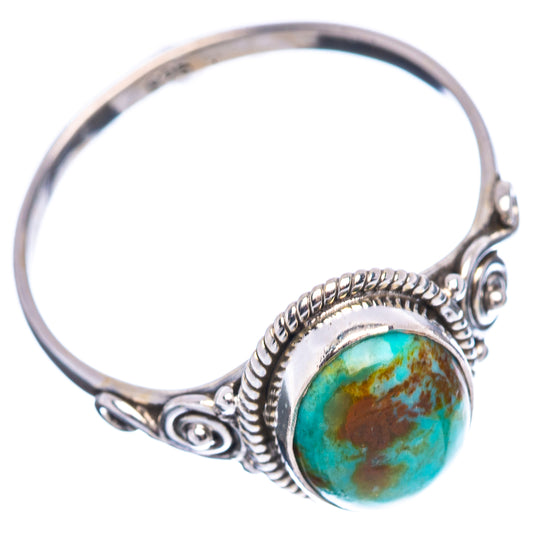 Sterling silver turquoise ring viewed from side, round bezel with rope edge