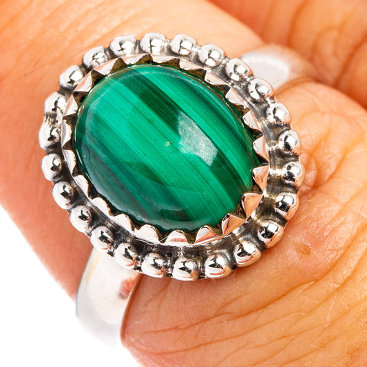 Malachite cabochon ring in .925 sterling silver, green oval stone with beaded bezel