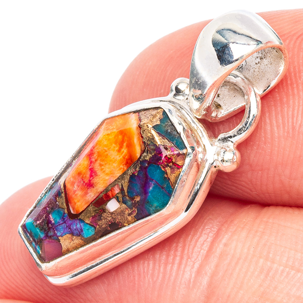 Spiny oyster turquoise pendant in polished 925 sterling silver with multicolor mosaic inlay
