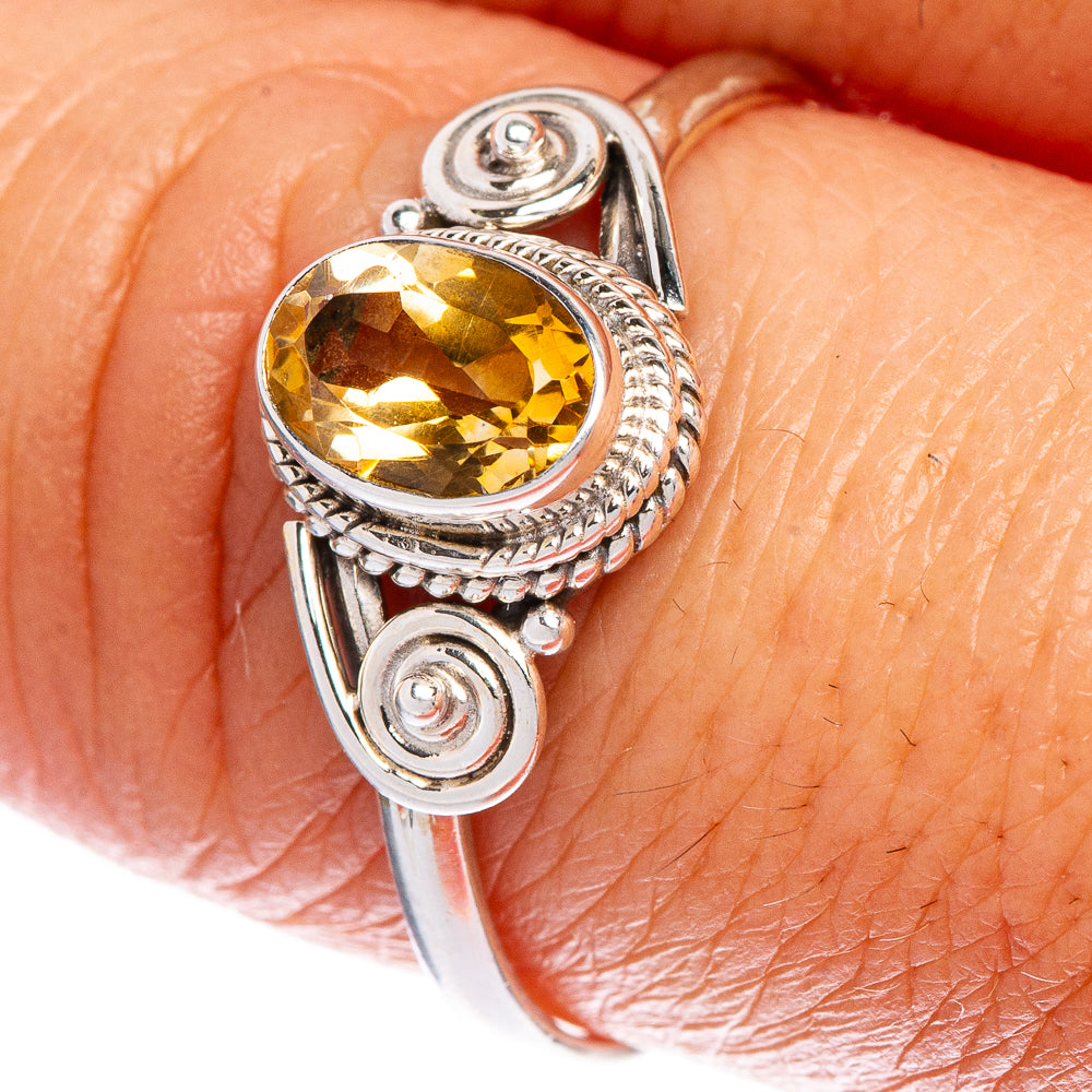 Dainty citrine cocktail ring in 925 sterling silver with faceted yellow gemstone, spiral details