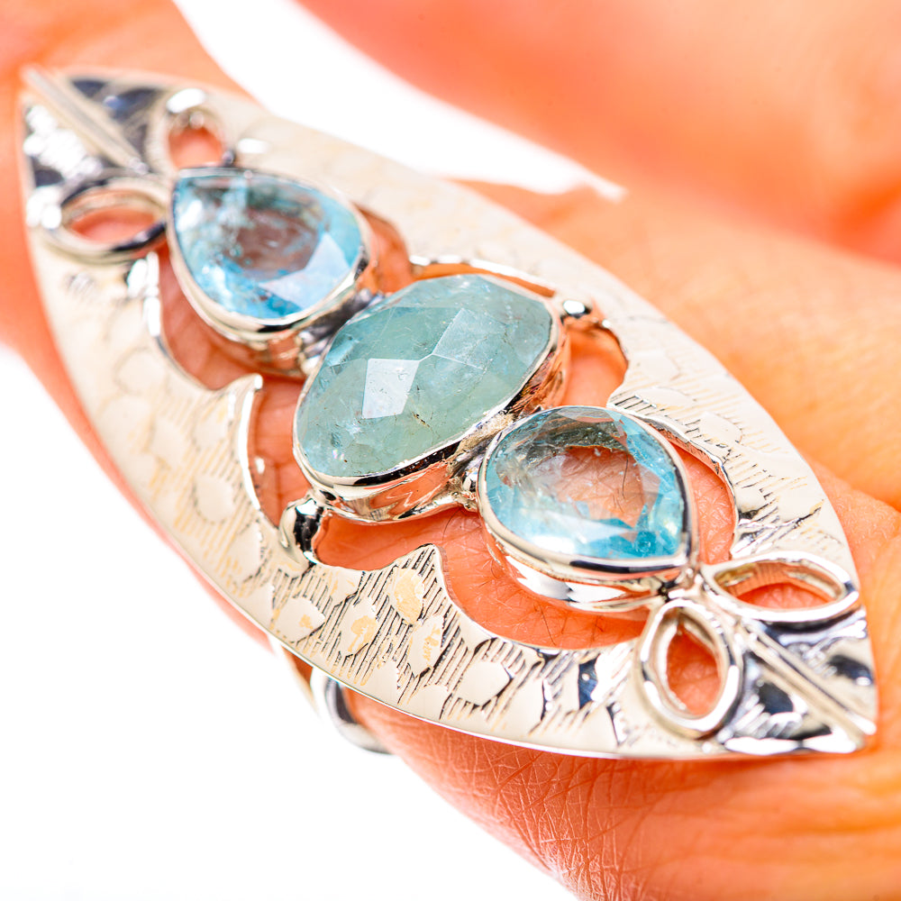 Sterling silver statement ring with three oval aquamarine stones, size 8