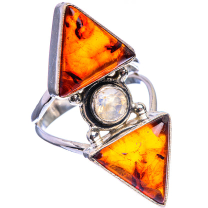 Large Baltic Amber, Rainbow Moonstone Ring Size 8 (925 Sterling Silver) R143061