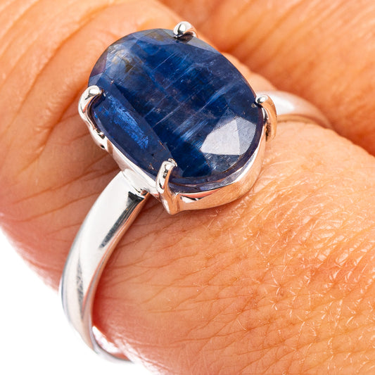 Sterling silver ring with oval blue kyanite, prong-set bezel and polished band