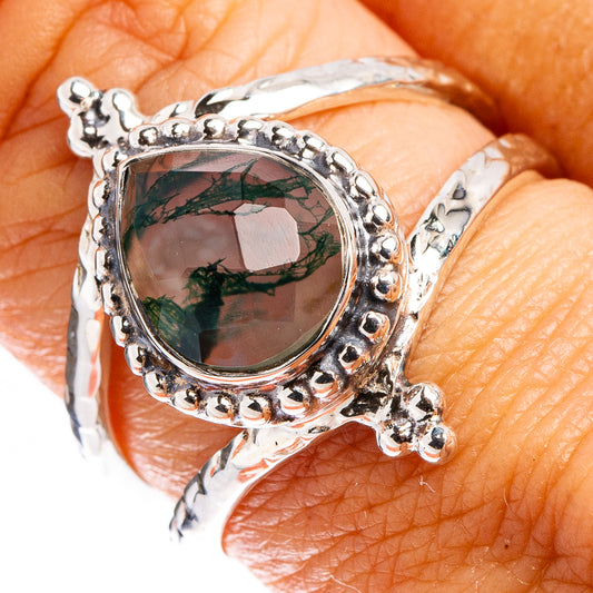 925 sterling silver moss agate ring on hand, green marbled teardrop stone