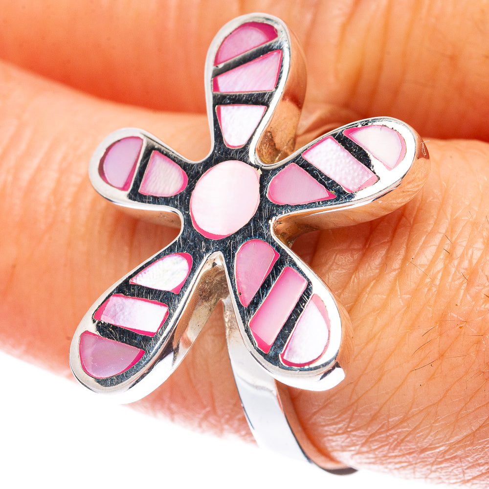 Sterling silver flower ring with pink mother-of-pearl inlay petals, openwork band