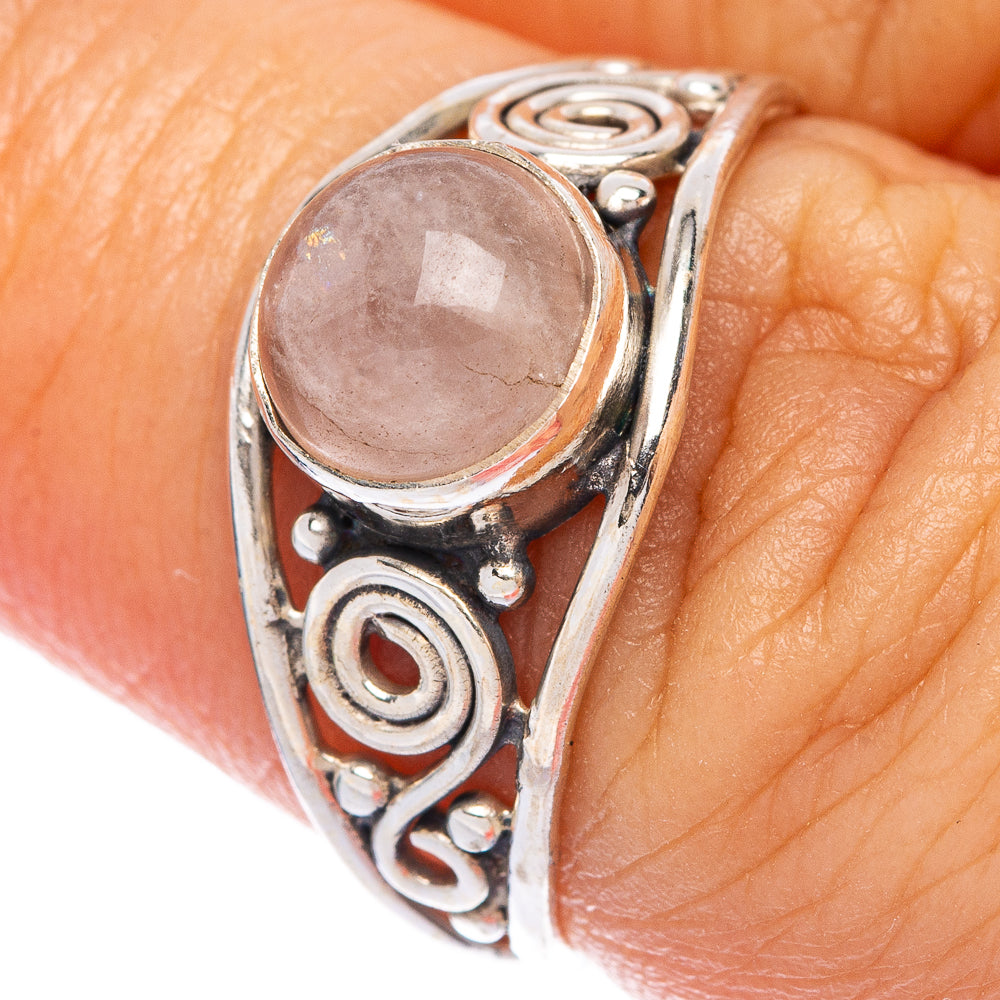 Rose quartz set sterling silver dainty ring, size 6.75, oval stone with swirl bezel