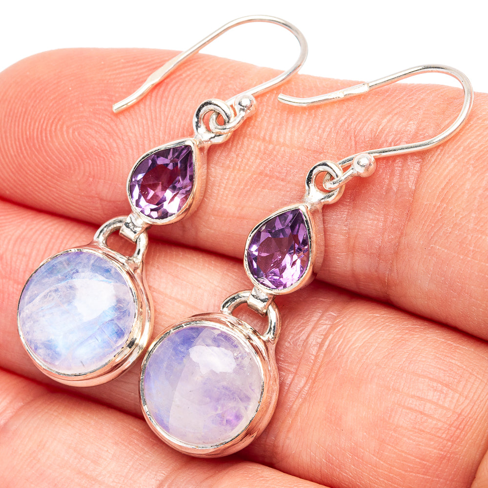Rainbow Moonstone, Amethyst 925 Sterling Silver Earrings 1 1/2" (925 Sterling Silver) E2175