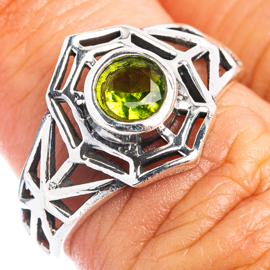 Sterling silver peridot web dainty ring, green gemstone in ornate bezel