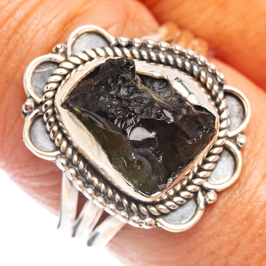 Sterling silver ring, size 8.25, bezel-set black teardrop gemstone, rope border