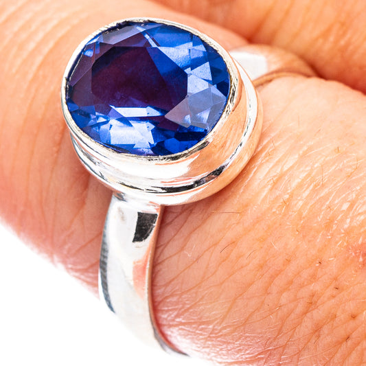 925 sterling silver ring with large faceted blue round gemstone on top