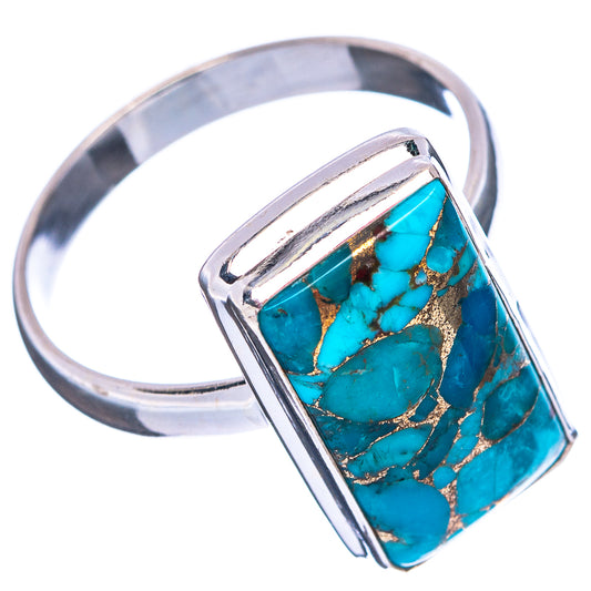 Turquoise copper ring with gold-matrix rectangular face and wide .925 sterling band