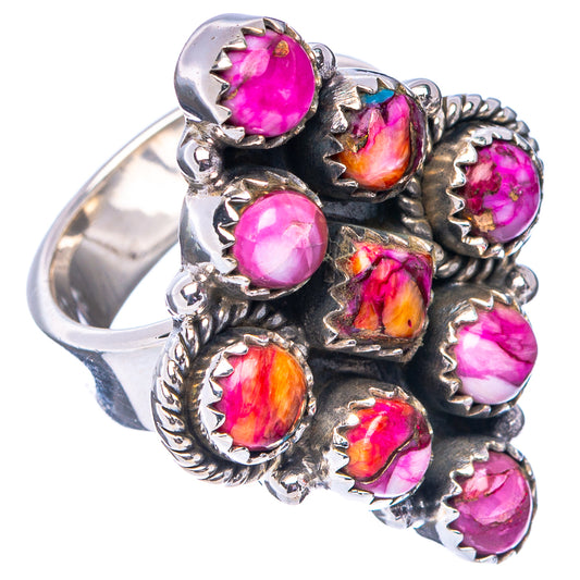 Sterling silver adjustable ring with multiple oval fuchsia stones and orange accents