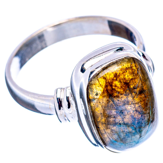 Oval labradorite cabochon sterling silver ring, yellow-gold blue shimmer, size 7.5