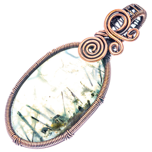 Oxidized copper wire-wrap pendant with faceted teardrop prehnite, coiled spirals