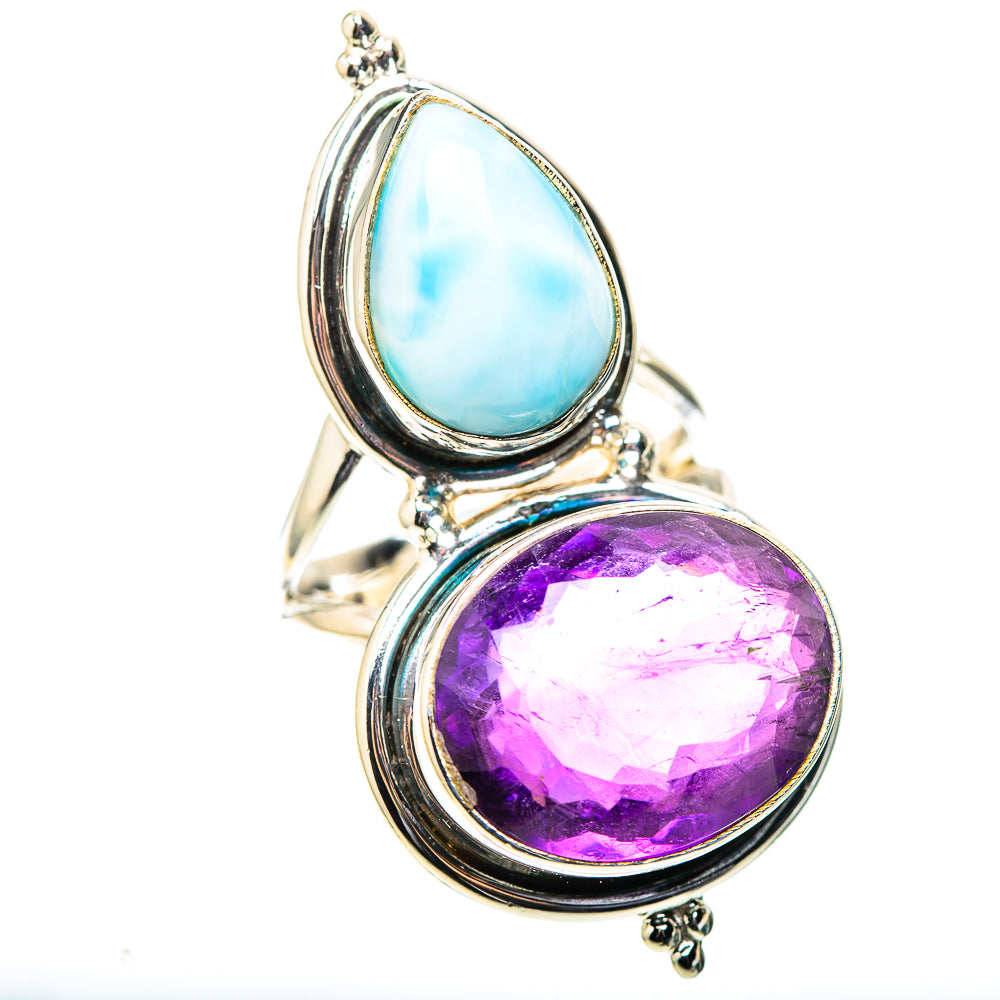 925 sterling silver ring with oval amethyst and oval larimar gemstones in bezel settings