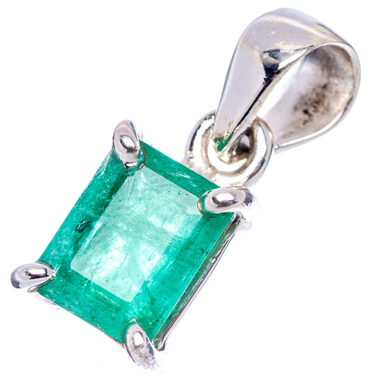 Sterling silver emerald pendant with rectangular emerald-cut green stone, prong set.