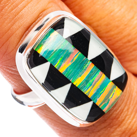 Sterling silver ring with oval bezel, opal rainbow inlay and black/white check pattern