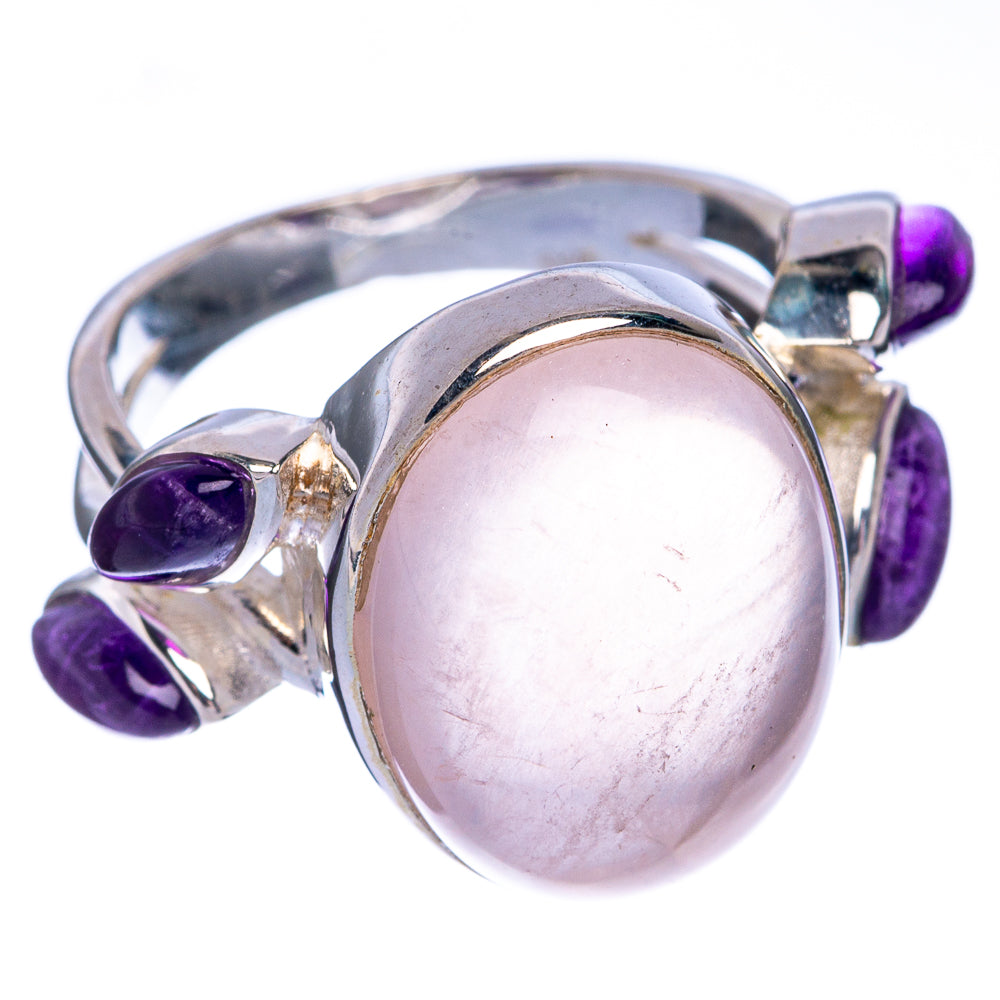 Sterling silver ring with oval rose quartz center and purple amethyst side accents