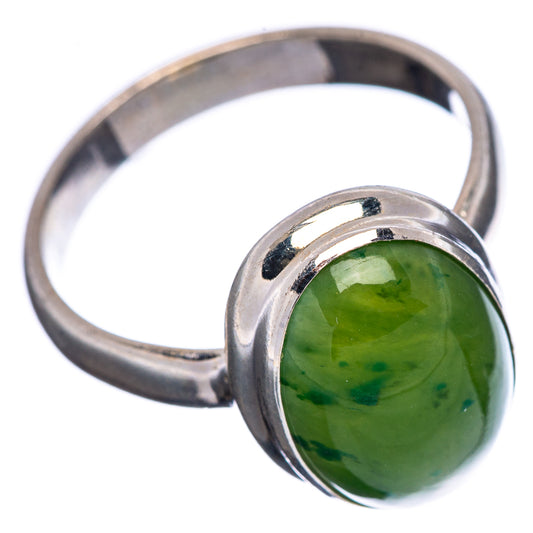 Sterling silver ring with oval green nephrite jade cabochon bezel and slim band