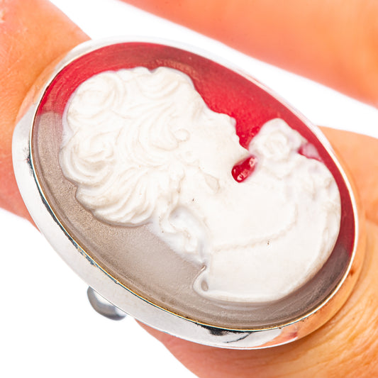 Sterling silver cameo ring with oval red face and white carved woman's profile