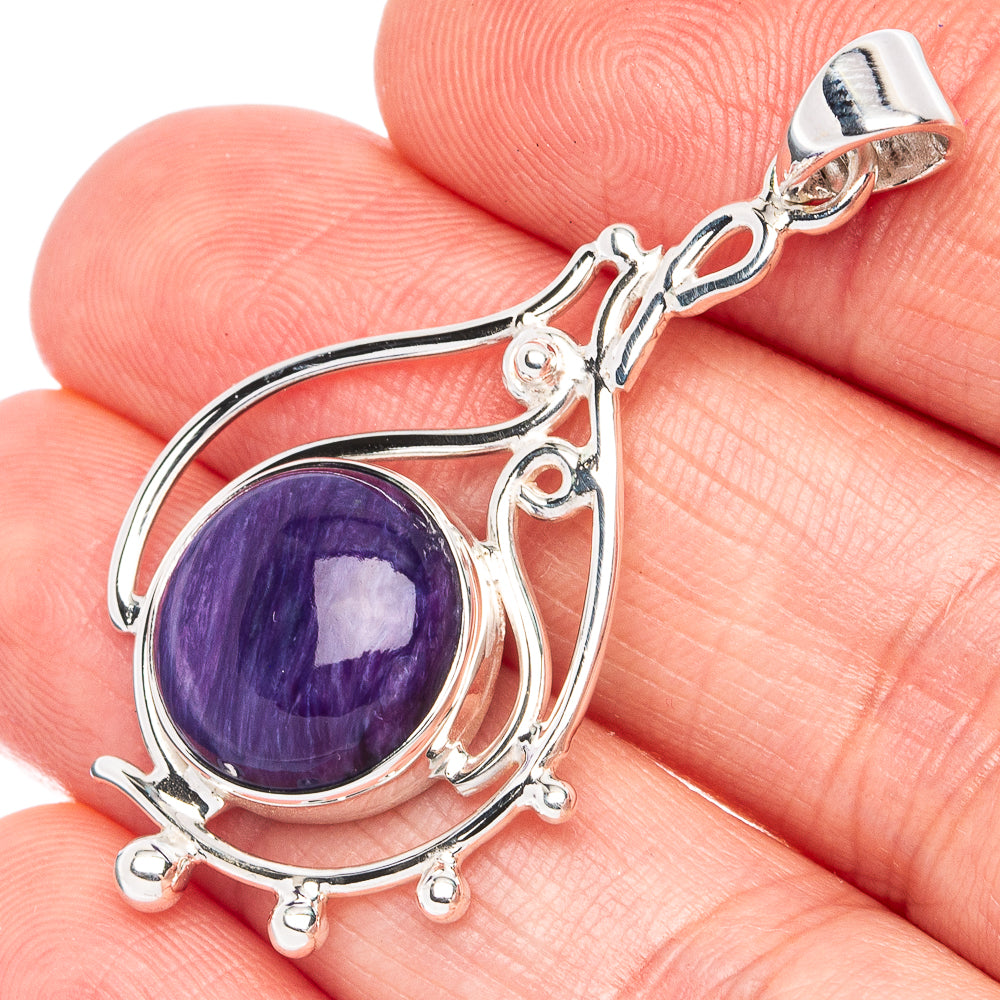 925 sterling silver charoite pendant with oval purple gemstone and ornate openwork frame
