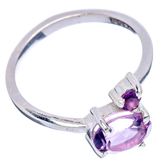 Sterling silver amethyst ring, open band with oval purple gemstone in silver prong setting