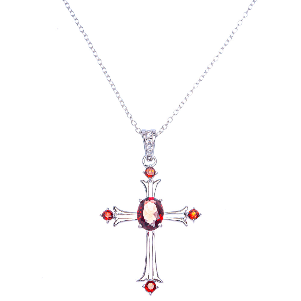 Garnet cross necklace in 925 sterling silver with red gem center and side stones