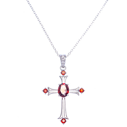 Garnet cross necklace in 925 sterling silver with red gem center and side stones