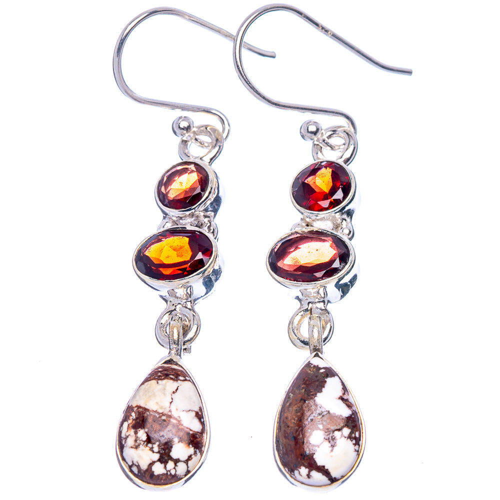 Pair of 925 sterling silver drop earrings with red faceted stones and Wild Horse Jasper drops