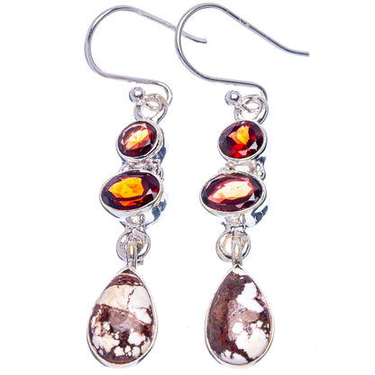 Pair of 925 sterling silver drop earrings with red faceted stones and Wild Horse Jasper drops