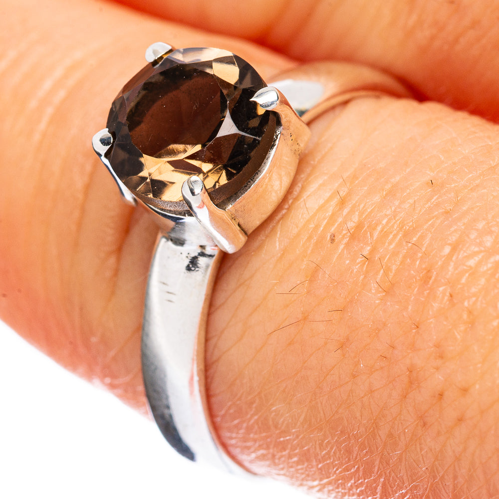 925 sterling silver smoky quartz ring, dark faceted gemstone bezel, size 8.5