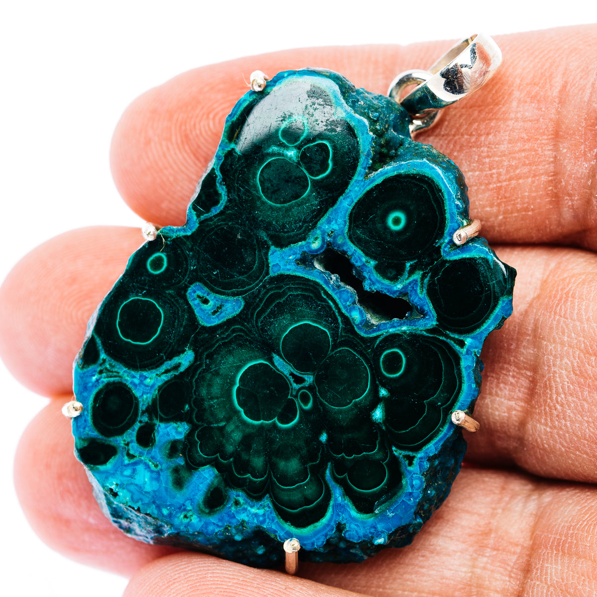 Chrysocolla In Malachite Slice Pendant 2 1/8" (.925 Sterling Silver)