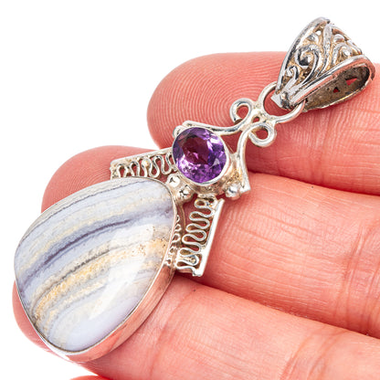 Blue Lace Agate, Amethyst Pendant 2" (925 Sterling Silver) P40085