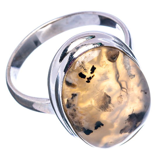 Oval Montana agate ring in .925 sterling silver, side view, gray stone with black flecks
