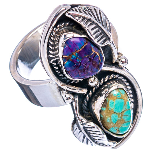 Adjustable sterling silver ring with purple and turquoise cabochon stones, detailed bezels